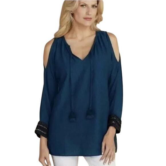 Soft Surroundings Chandra Top Size S NWT Cold Shoulder Beaded Tassel Boho Rayon - Picture 1 of 9